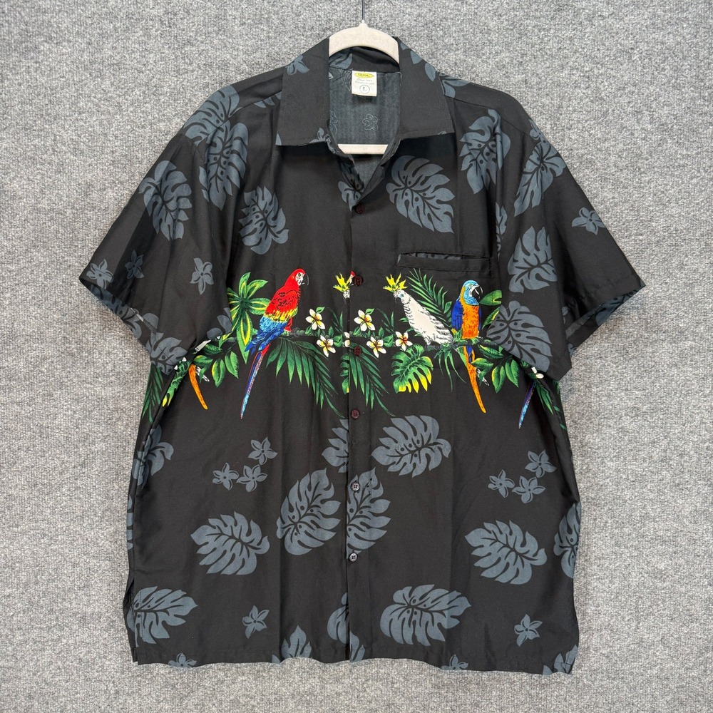 Rima‎ Hawiian Button Up Shirt Mens Large Black Parrot Tropical Floral Aloha